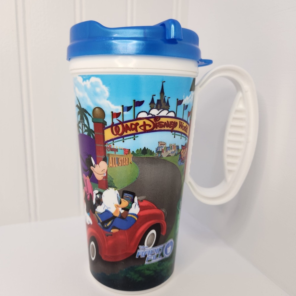 Disney World Whirley Refillable Travel Mug Blue White Plastic Mickey Mouse Park
